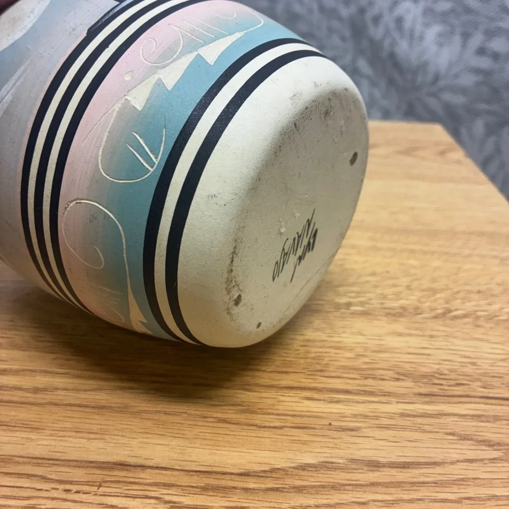 Lyn Navajo Pottery Vase Unisex Small Hand Painted Coyote Moon Desert Landscape